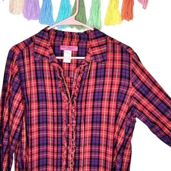 Betsey Johnson Intimates Vintage Y2K Pink Purple Plaid Tunic Sleep Shirt Medium - Picture 5 of 11